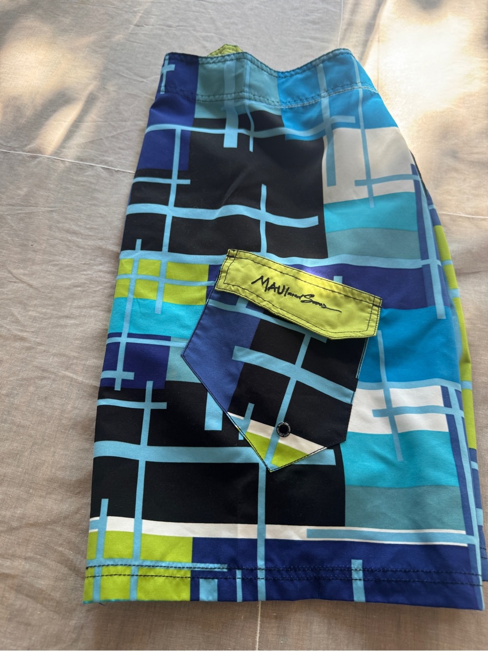Modern Era Maui and Sons Blue, Aqua & Lime Geometric Board Shorts 10” inseam